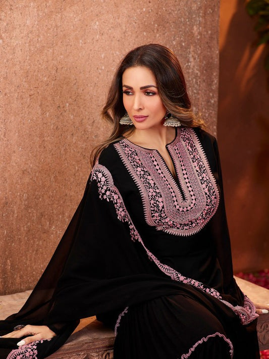 Inddus Women Black Ethnic Motifs Thread Work Kurta