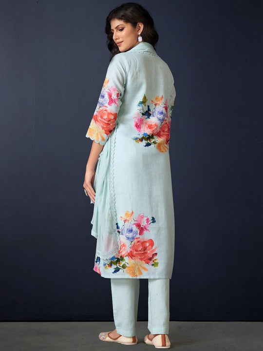 Indo Era Floral Printed Regular Linen Straight Kurta With Trousers & Dupatta