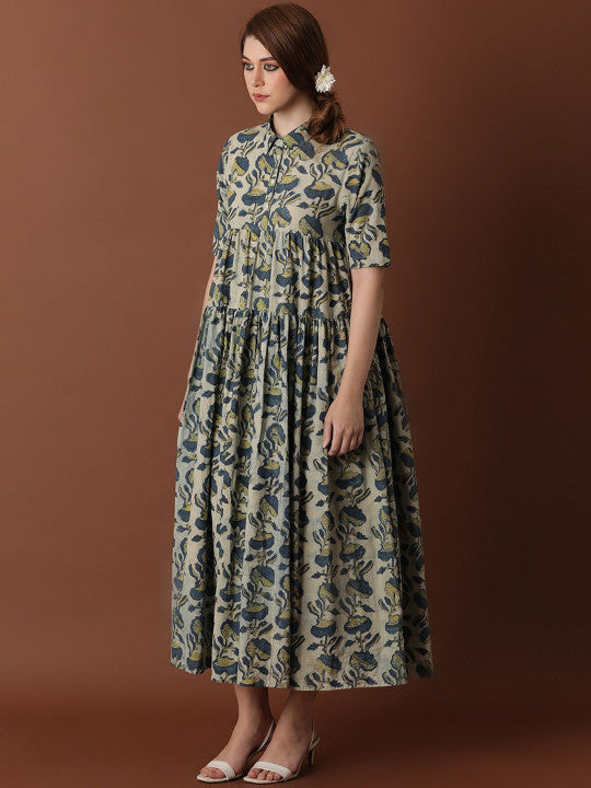 BLACK & BLAH BLAH Ajrak Handblock Printed Relaxed Fit Cotton Flared Maxi Ethnic Dress