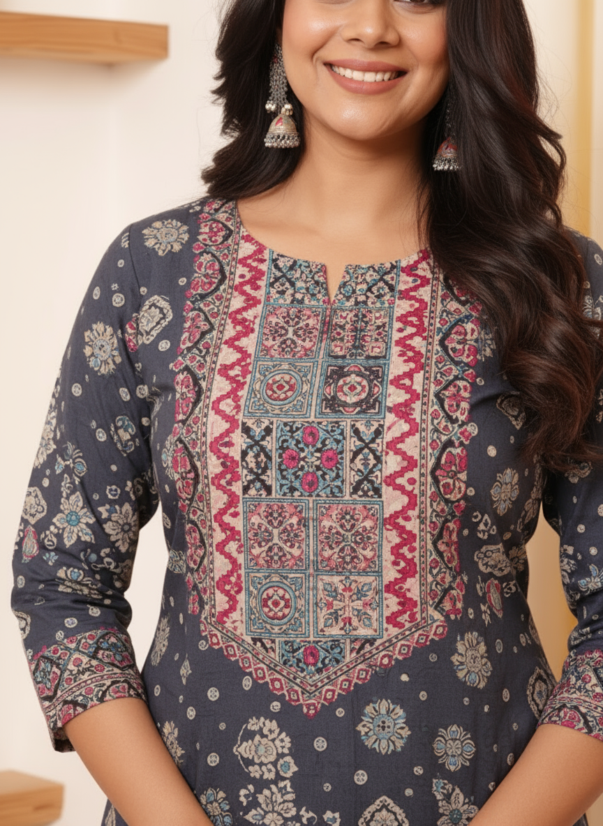Viscose Geometric Straight Black Kurta