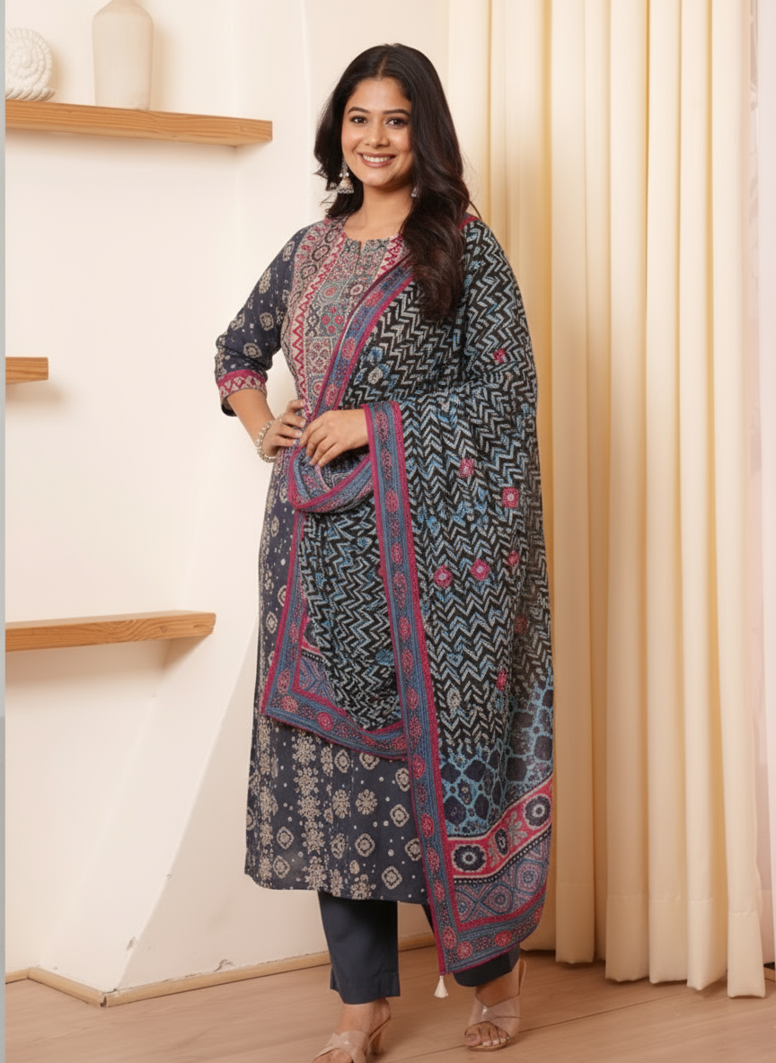 Viscose Geometric Straight Black Kurta