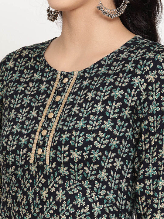 Be Indi Rayon Floral Printed Round Neck Gotta Patti Detailing Maxi Dress