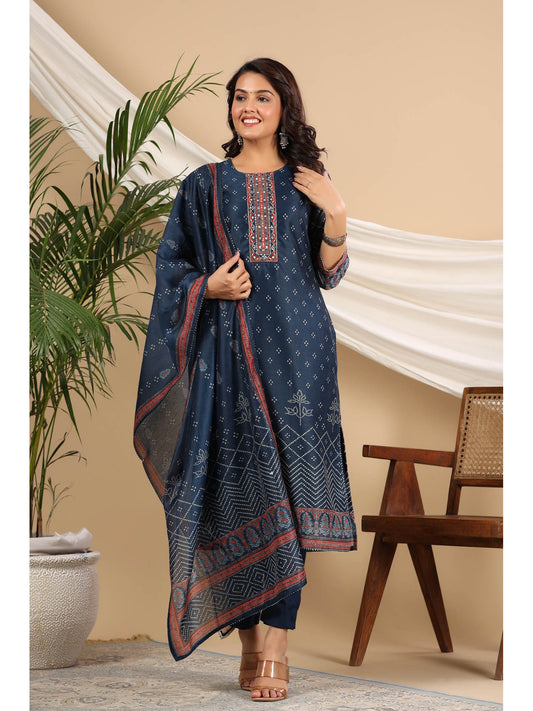 Women Blue Bandhani Sequinned Straight Kurta With Pant And Dupatta (Set of 3)