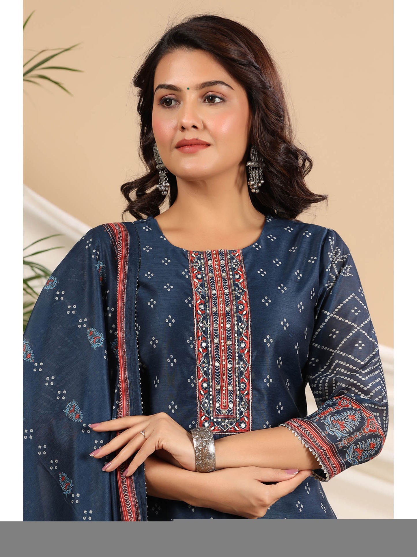 Women Blue Bandhani Sequinned Straight Kurta With Pant And Dupatta (Set of 3)