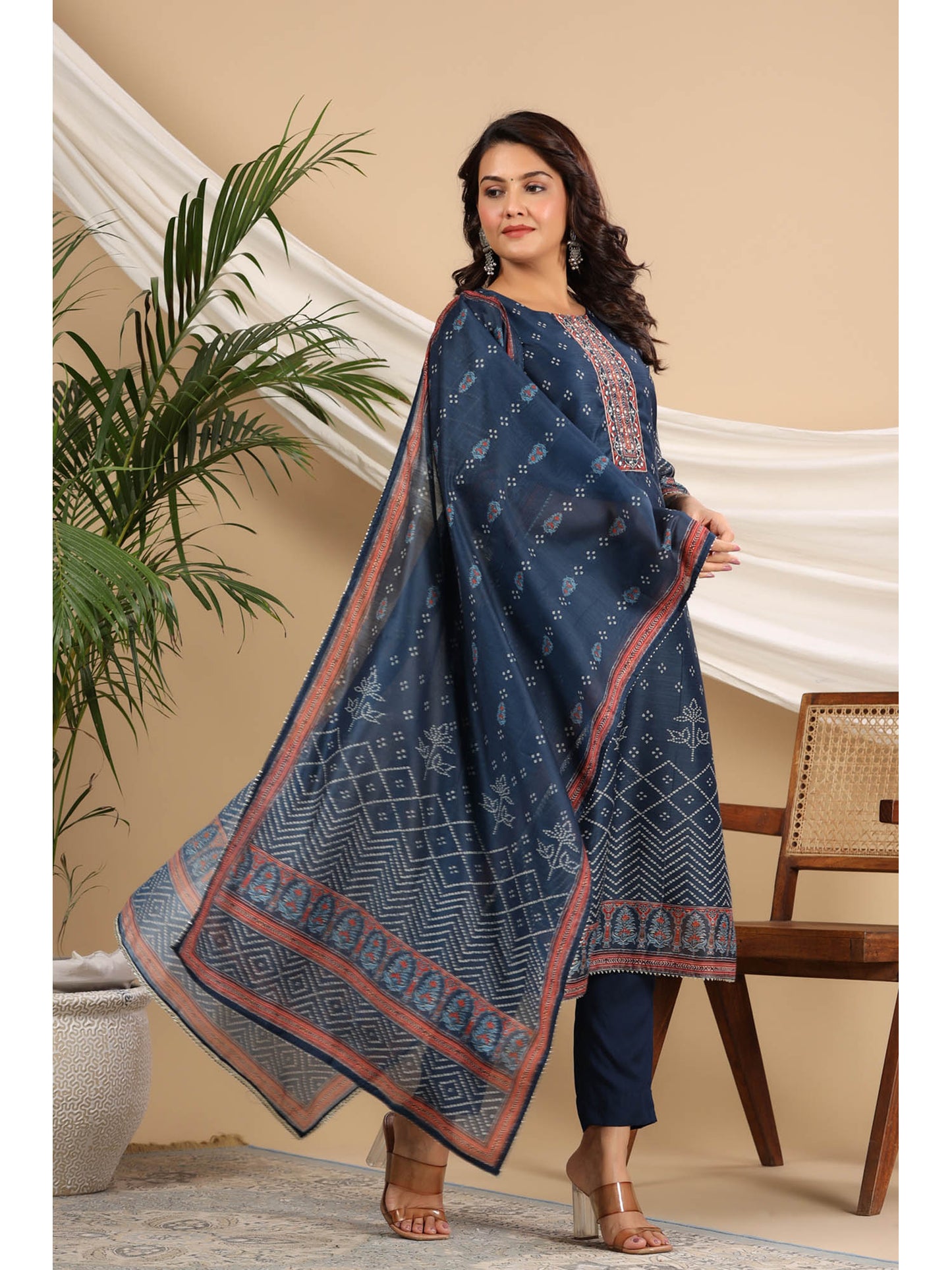 Women Blue Bandhani Sequinned Straight Kurta With Pant And Dupatta (Set of 3)
