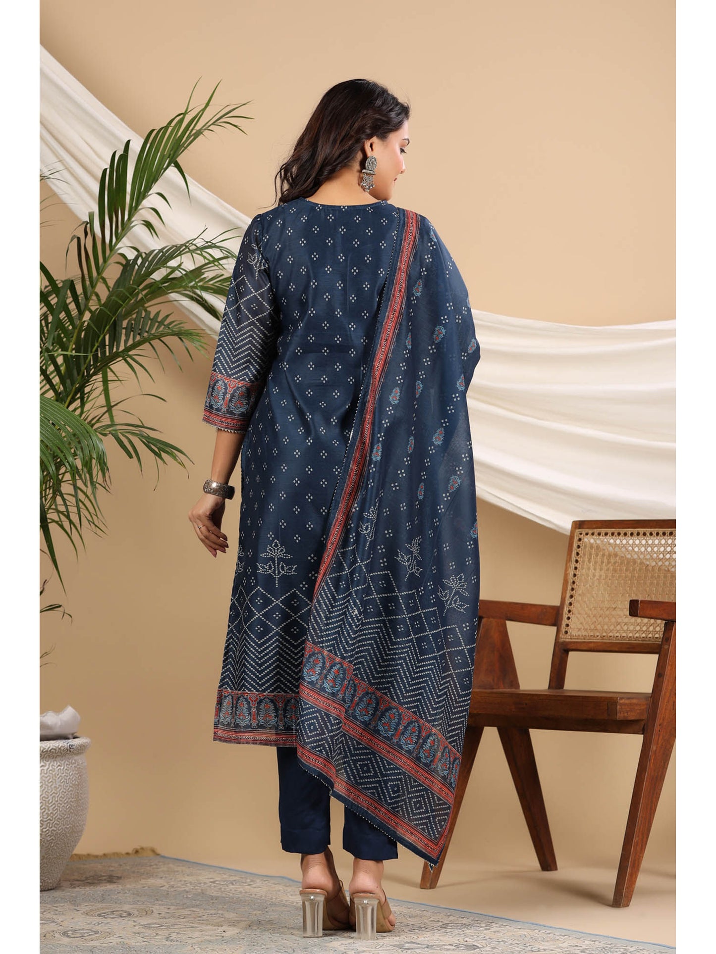 Women Blue Bandhani Sequinned Straight Kurta With Pant And Dupatta (Set of 3)