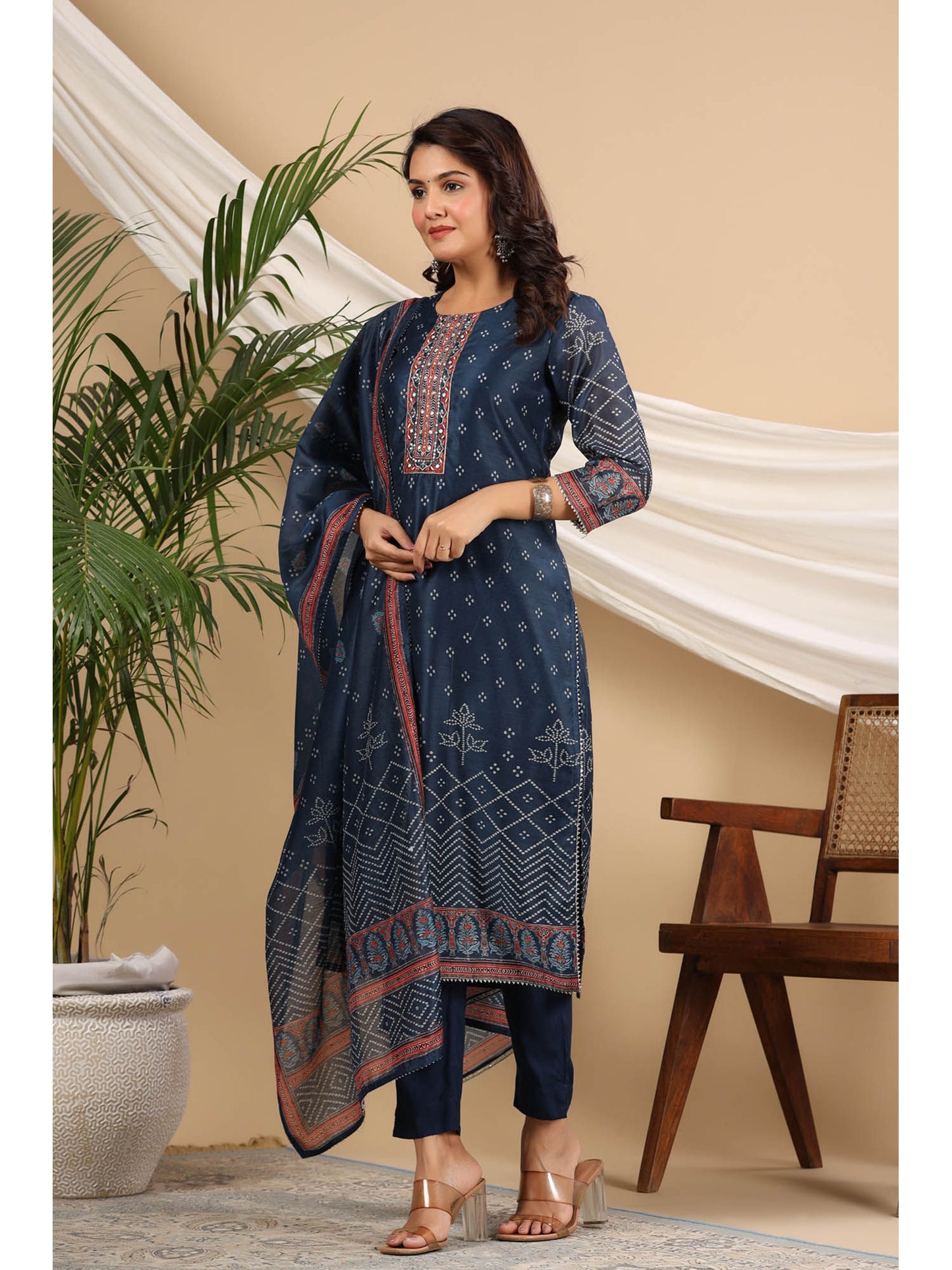 Women Blue Bandhani Sequinned Straight Kurta With Pant And Dupatta (Set of 3)
