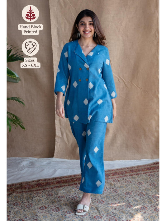 Blue Straight Dabu Slub Cotton Printed Co-Ord (Set of 2)