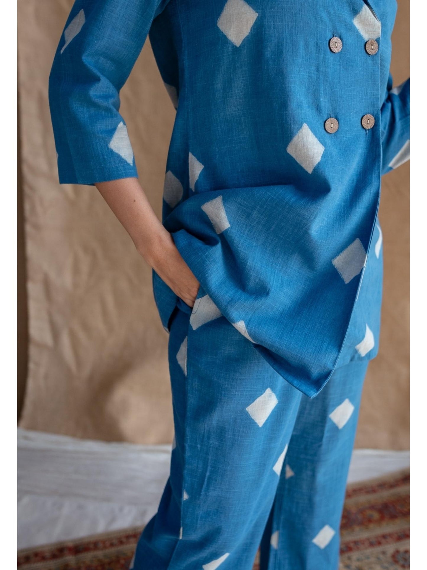 Blue Straight Dabu Slub Cotton Printed Co-Ord (Set of 2)