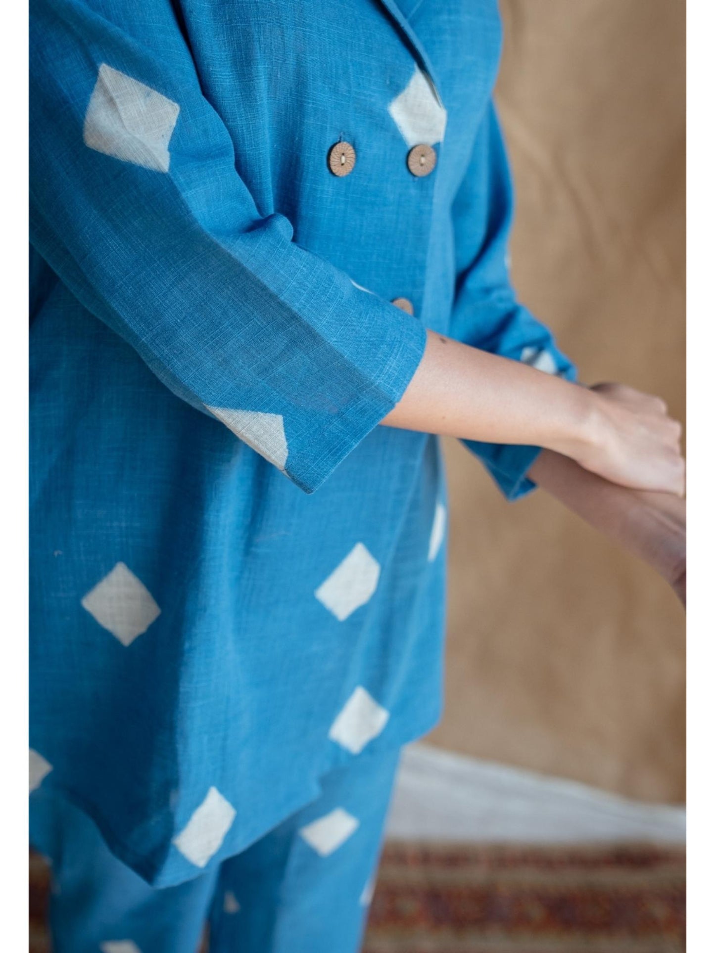Blue Straight Dabu Slub Cotton Printed Co-Ord (Set of 2)