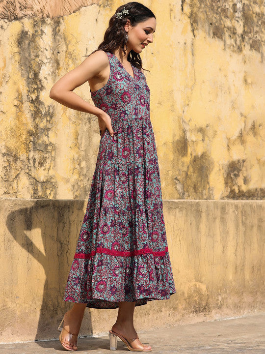 Printed Pure Cotton Flared Sleeveless Dress