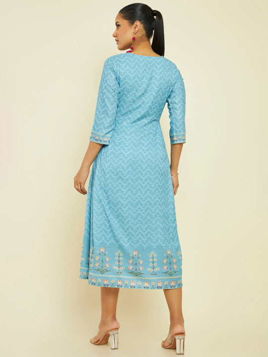Neck Ethnic Motifs Printed Cotton Fit and Flare Ethnic Dress