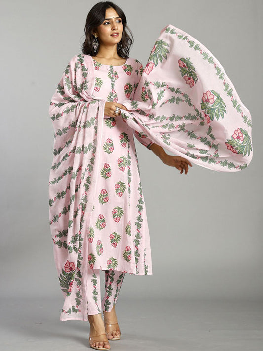 Yufta Women Floral Printed Regular Pure Cotton Kurta with Trousers & With Dupatta