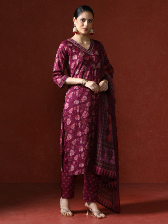 Jaipur Kurti Ethnic Printed Cotton Red Kurta Set With Dupatta