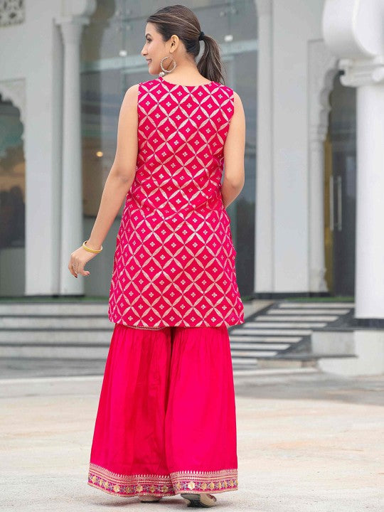 Aralia Women Bandhani Printed Sequinned Regular Straight Kurtas & Sharara With Dupatta