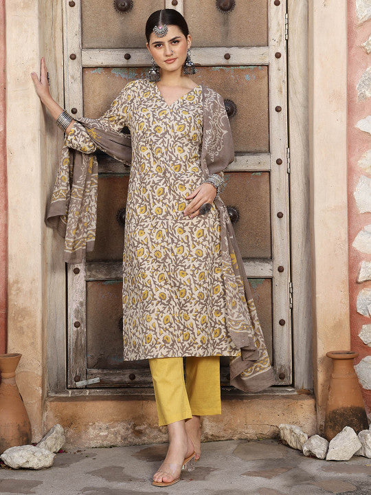Taavi Floral Printed Dabu Straight Kurta with Trouser & Dupatta