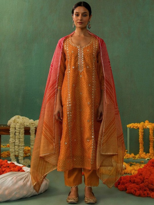 Heritage Bandhani Printed Gotta Patti Pure Cotton Straight Kurta With Trousers & Dupatta
