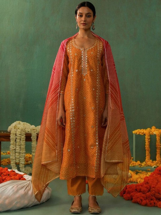 Heritage Bandhani Printed Gotta Patti Pure Cotton Straight Kurta With Trousers & Dupatta