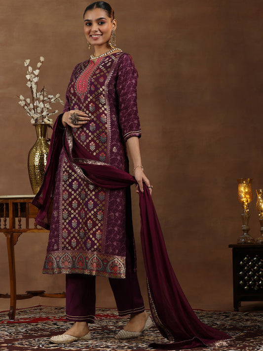 Floral Woven Design Gotta Patti Straight Kurta With Trousers & Dupatta