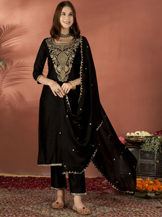 Anouk Ethnic Motifs Embroidered Regular Thread Work Straight Kurta With Trousers & Dupatta