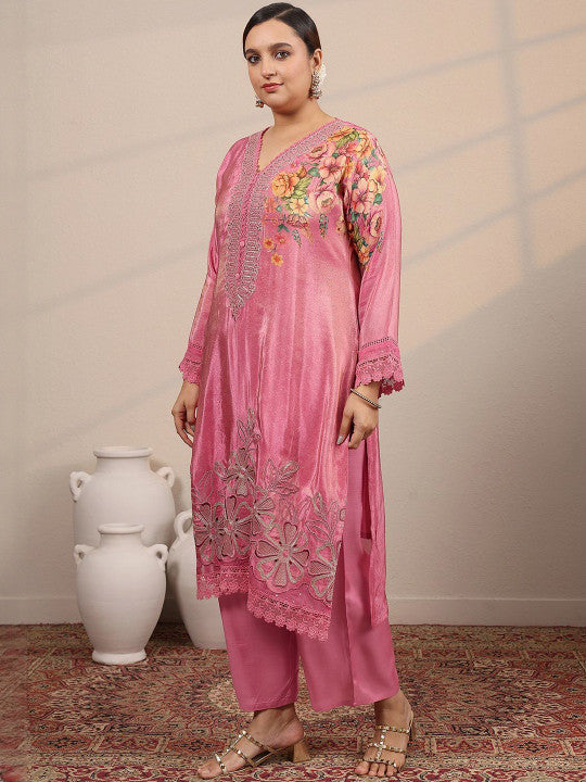 EXTRA LOVE BY LIBAS Floral Printed V-Neck Straight Kurta With Trousers & Dupatta