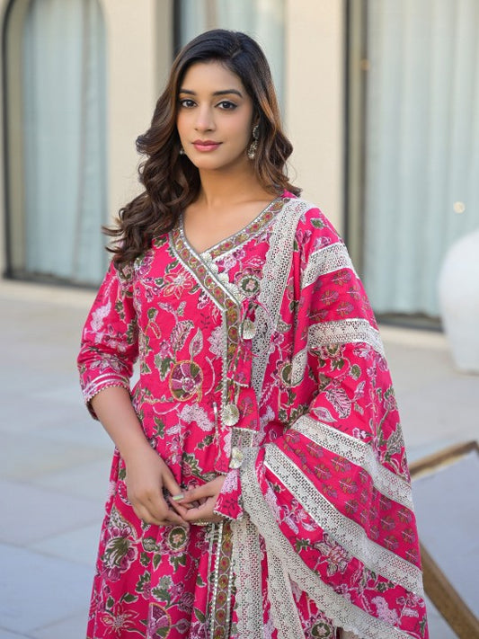 all about you Floral Printed V-Neck Pure Cotton Anarkali Kurta With Trousers & Dupatta