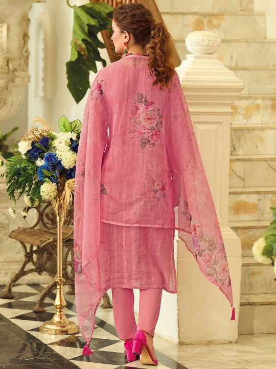 Varanga Geometric Printed Square Neck Thread Work Pure Cotton Kurta With Trouser & Dupatta