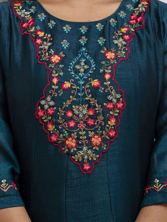 Floral Yoke Design Panelled Sequinned A-Line Kurta