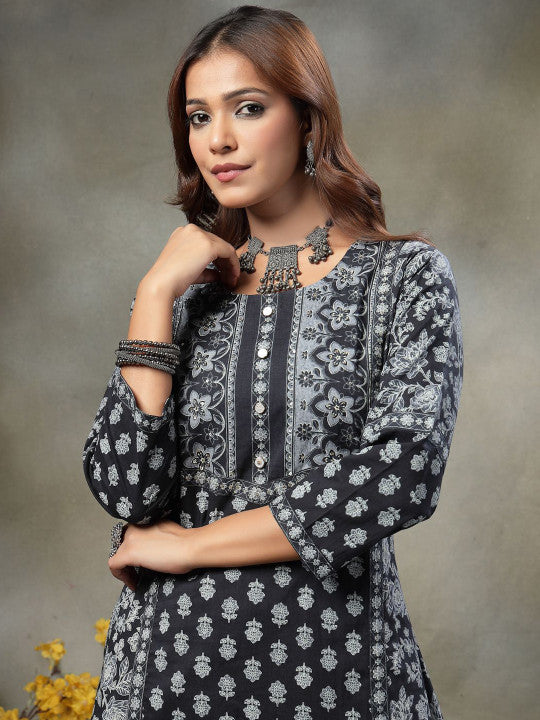 Yufta Floral Printed Sequinned Pure Cotton Kurta With Trousers & Dupatta