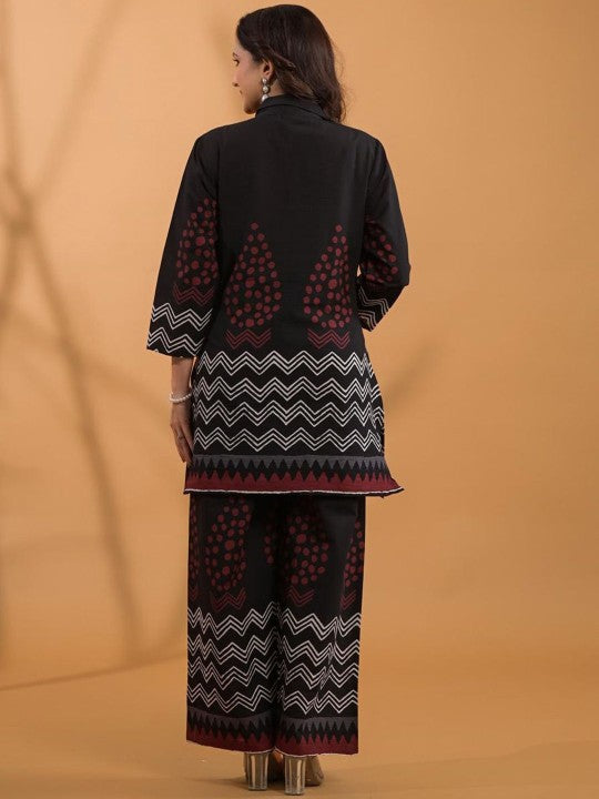 Printed Pure Cotton Shirt Collar Neck Tunic With Palazzo Co-Ords