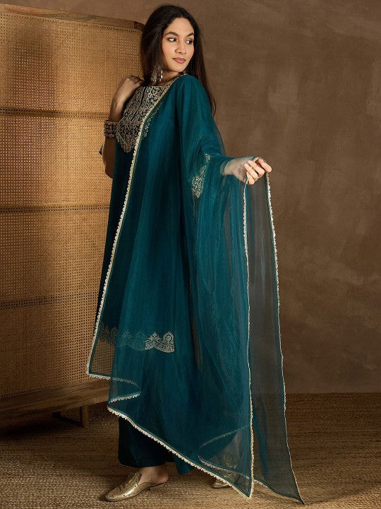 Inddus Floral Sequinned Embroidered Round Neck Kurta