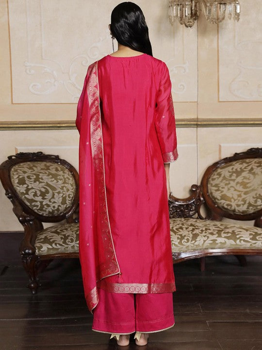 Ganga Women Floral Yoke Design Regular Raw Silk Kurta