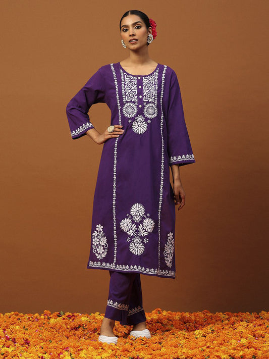 House of Chikankari Women Floral Embroidered Cotton Kurta with Trousers