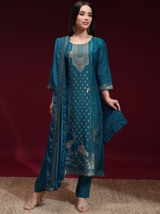 Vishudh Women Ethnic Motifs Zari Jacquard Regular Kurta with Palazzos & Dupatta