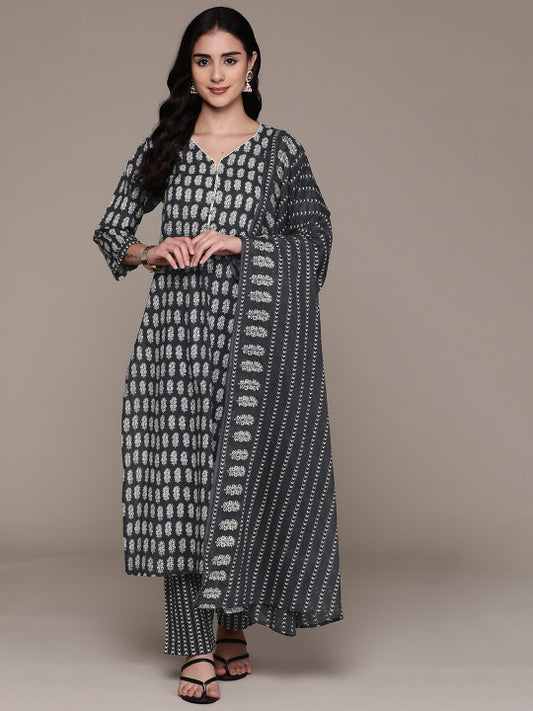 Floral Printed Pure Cotton Kurta with Trousers & Dupatta