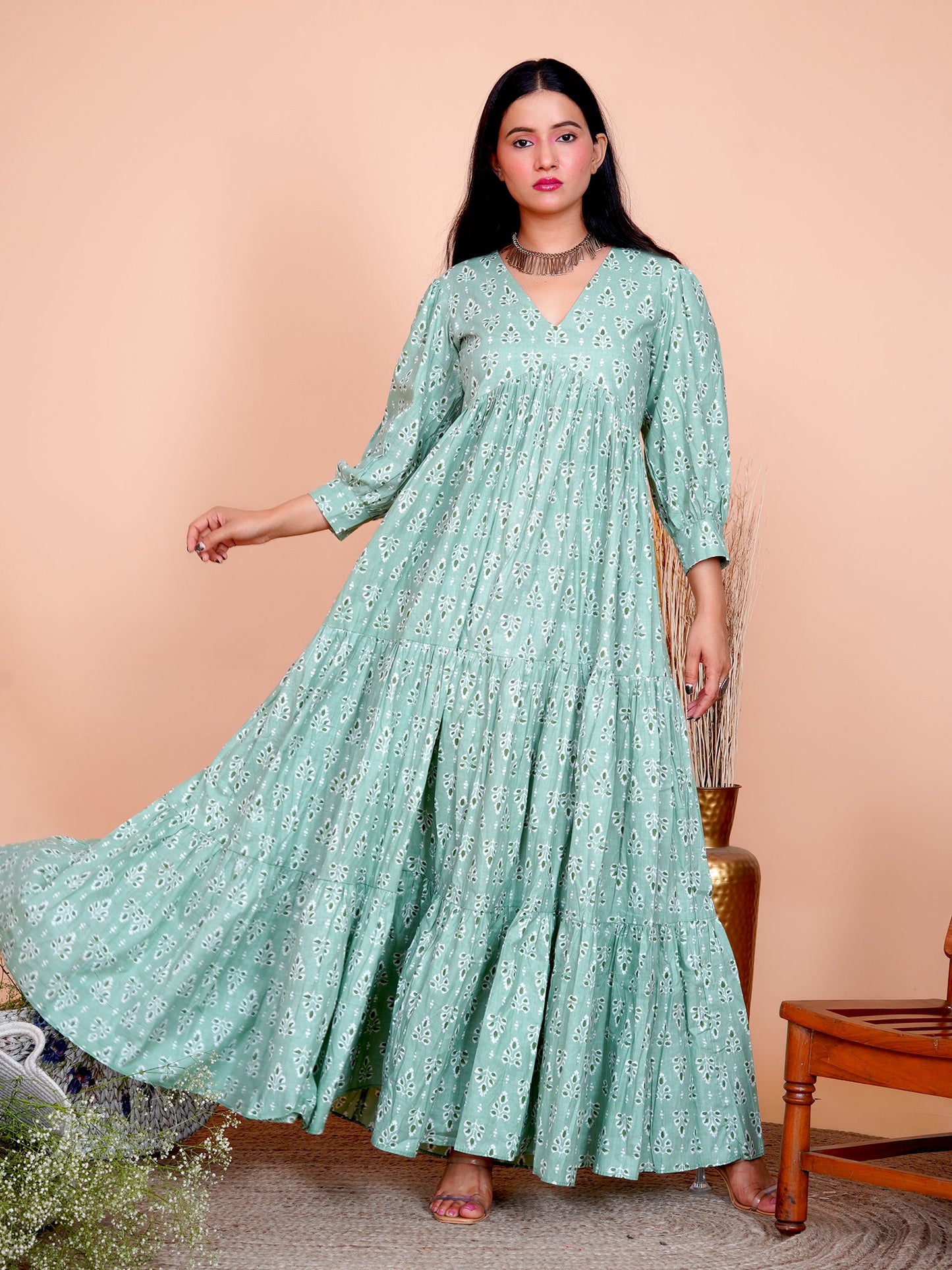 Green Floral Printed Cotton Long Maxi Dress