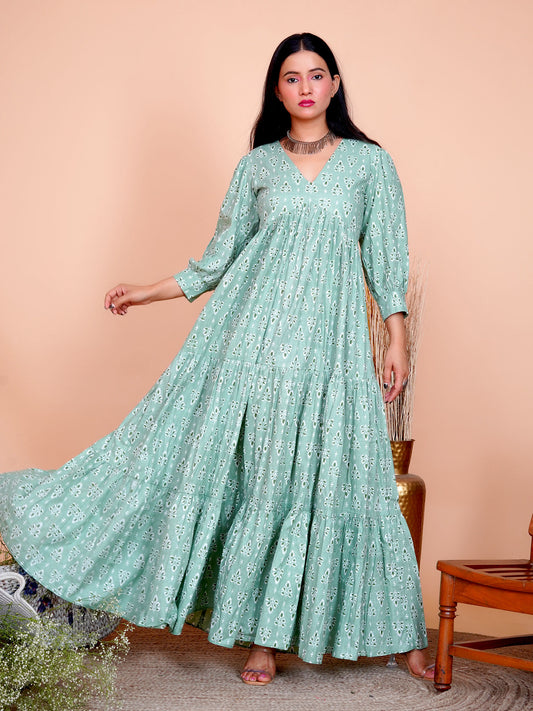 Green Floral Printed Cotton Long Maxi Dress