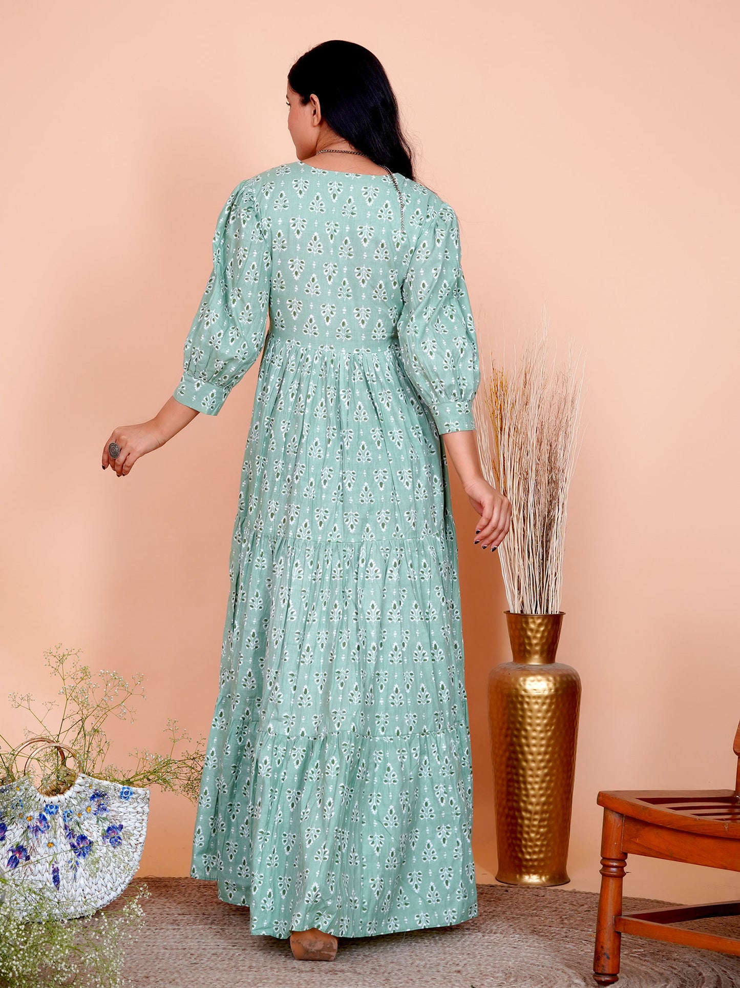 Green Floral Printed Cotton Long Maxi Dress