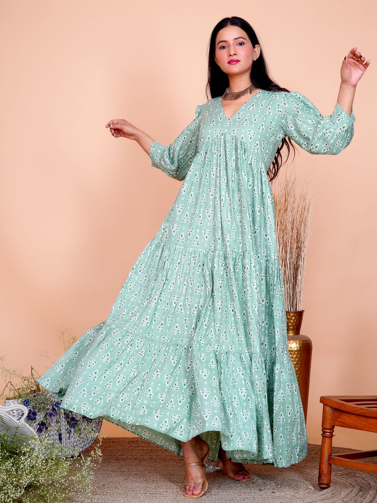 Green Floral Printed Cotton Long Maxi Dress