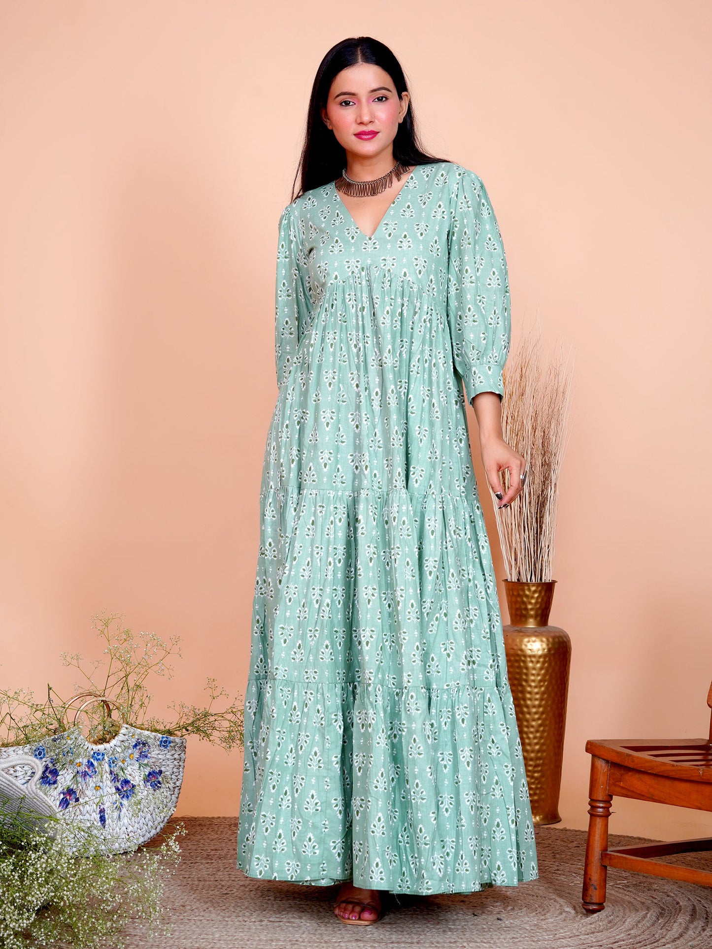 Green Floral Printed Cotton Long Maxi Dress