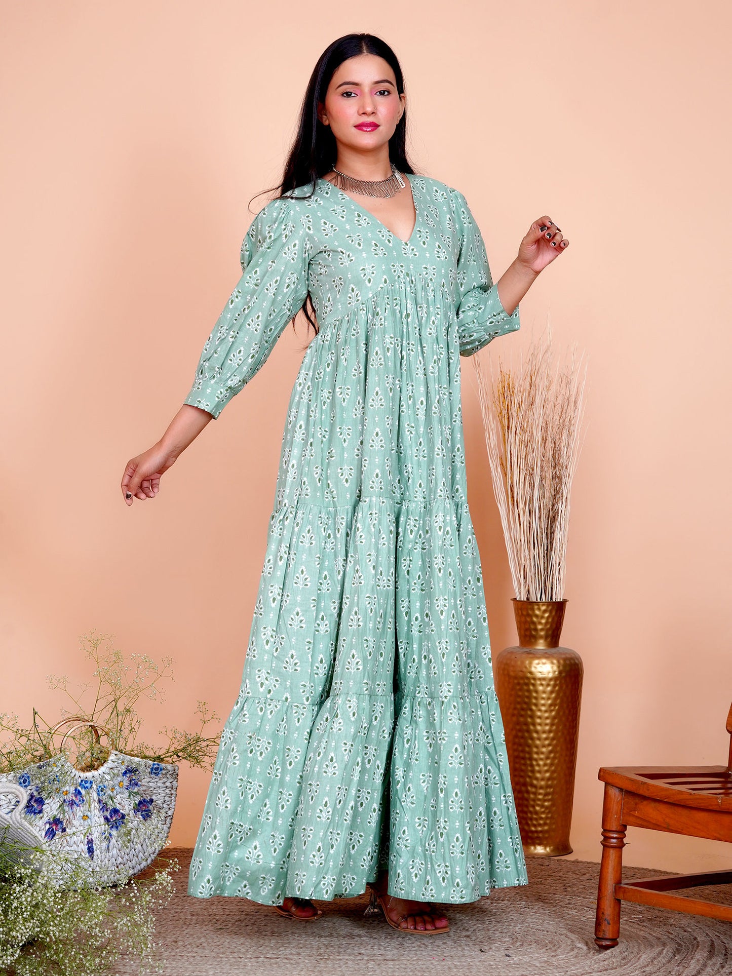 Green Floral Printed Cotton Long Maxi Dress