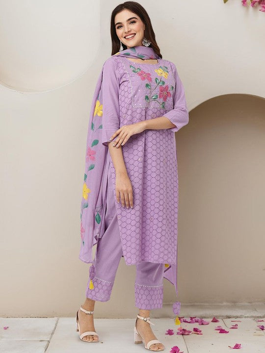 Ishin Floral Embroidered Regular Thread Work Pure Cotton Kurta With Trousers & Dupatta