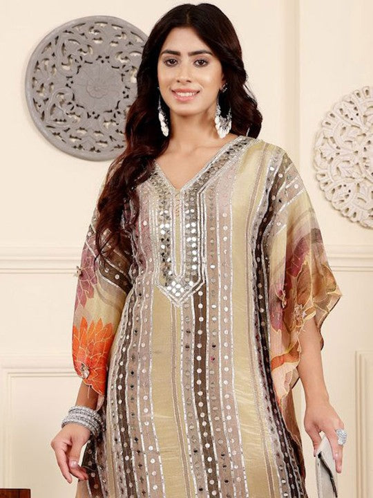 Varanga Women Floral Embroidered Regular Mirror Work Pure Silk Kurta with Dhoti Pants