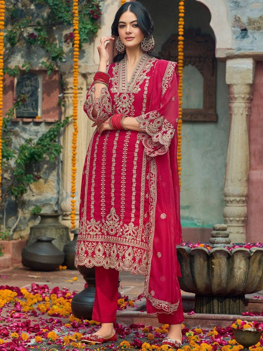 Indo Era Ethnic Motifs  Embroidered V-Neck Zari Organza Kurta