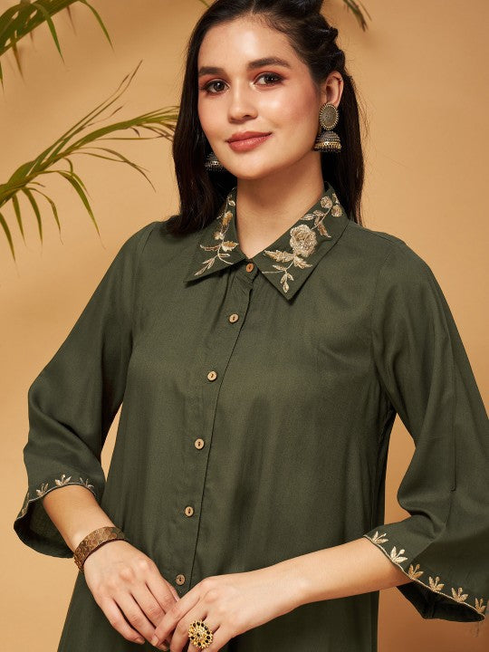 Zari Embroidered Shirt Collar Tunic Top With Palazzos Co-Ords
