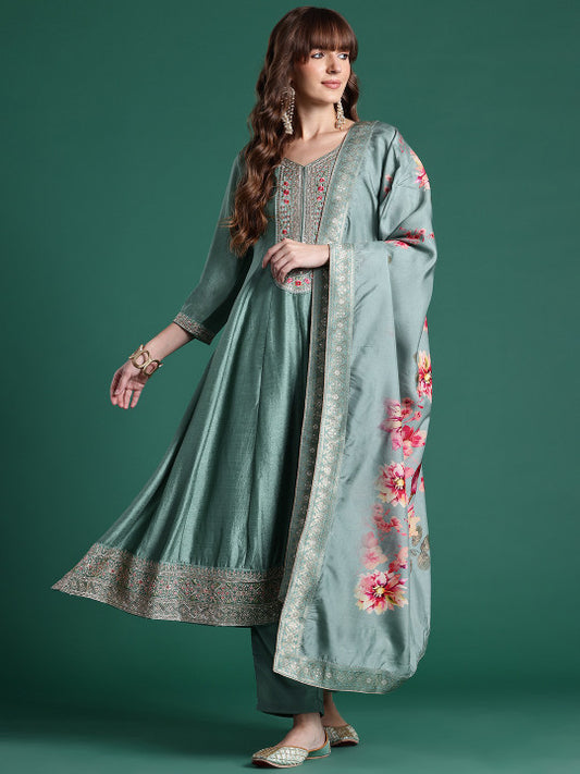 Indo Era Floral Embroidered Sequinned Kurta With Trousers & Dupatta
