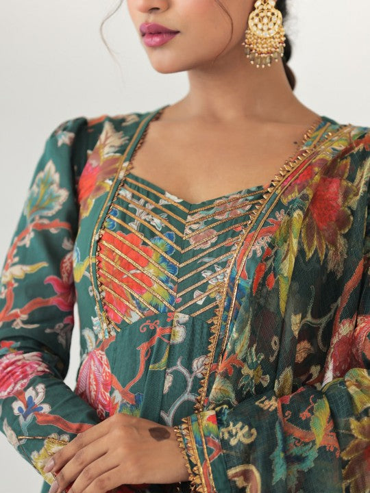 Neck Long Sleeves Floral Printed Cotton Kurta with Trouser & Dupatta