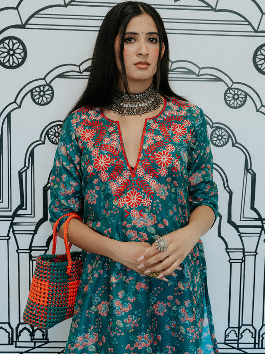 GulaboJaipur Floral Printed V-Neck Thread Work Straight Kurta with Trousers