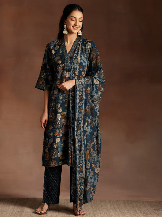 Floral Printed Straight Kurta With Trousers & Dupatta