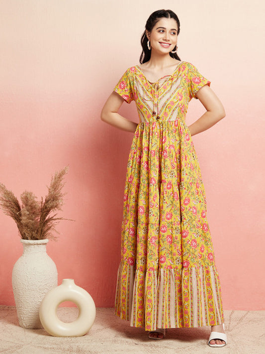 AKS Floral Printed Cotton Fit & Flare Maxi Ethnic Dress